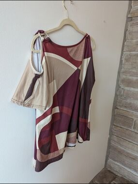 Abstract Print Off-Shoulder Women's Top in Maroon and Beige Polyester, Cotton XL